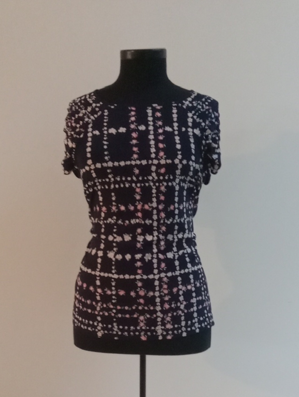 Tommy Hilfiger Black Short Sleeve Tee with White and Light Pink Dot Grid